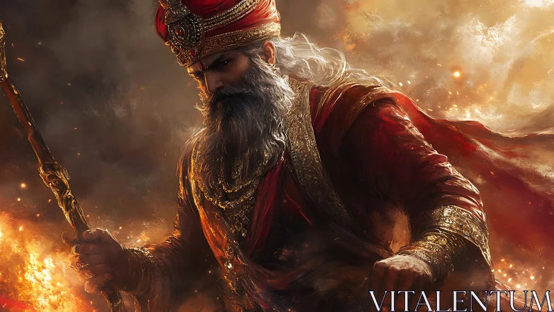 Imperial warlord in crimson regalia amid blazing embers.