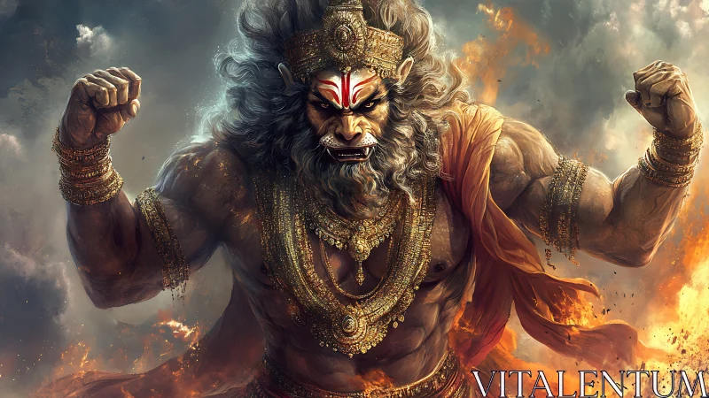 Mythic warrior deity emerging from flames in vivid detail.