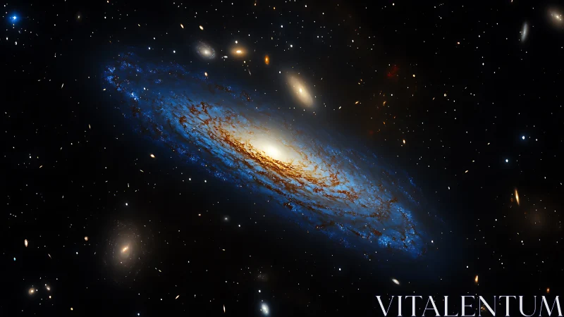 Spiral galaxy glows with luminous blue dust lanes.