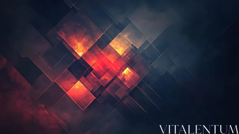 Abstract geometric squares with fiery center and dark gradient background.