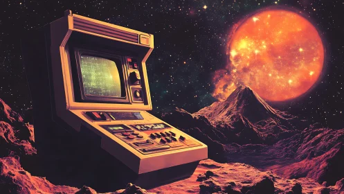 Retro space console watching a molten cosmic sunrise.