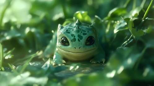 Small stylized green frog resting among wet foliage.