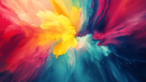 Vivid pigment explosion renders dynamic multicolor energy burst