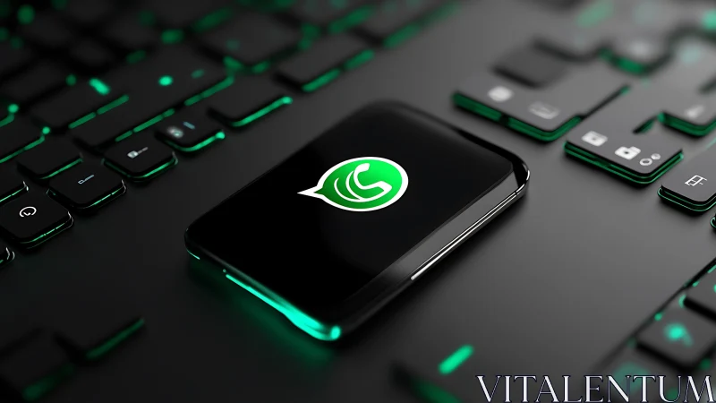 WhatsApp Icon Glowing on Smartphone Among Illuminated Keyboard.