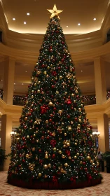 Tall indoor Christmas tree with red and gold decorations.
