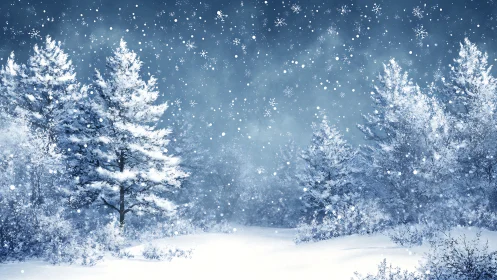 Snowy forest landscape under dense falling winter snow