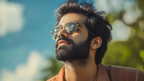 Bearded man in reflective sunglasses rendered in soft focus portrait