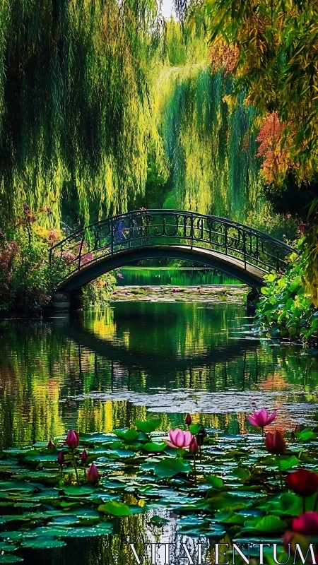 Arched garden bridge above reflective lily pond in lush canopy.