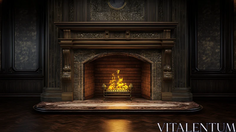 Luxe Fireplace Interior: Baroque Revival Architecture with Animated Flames.