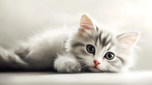 White tabby kitten with green eyes and pink nose against neutral background.