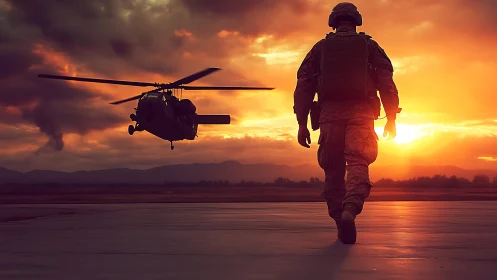 Soldier walking toward helicopter on runway at sunset.