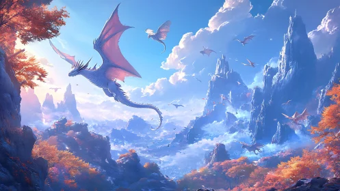Skyward crimson dragon over luminous autumn mountainscape.