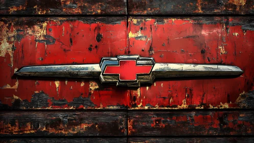 Weathered red vehicle emblem on distressed metal surface.