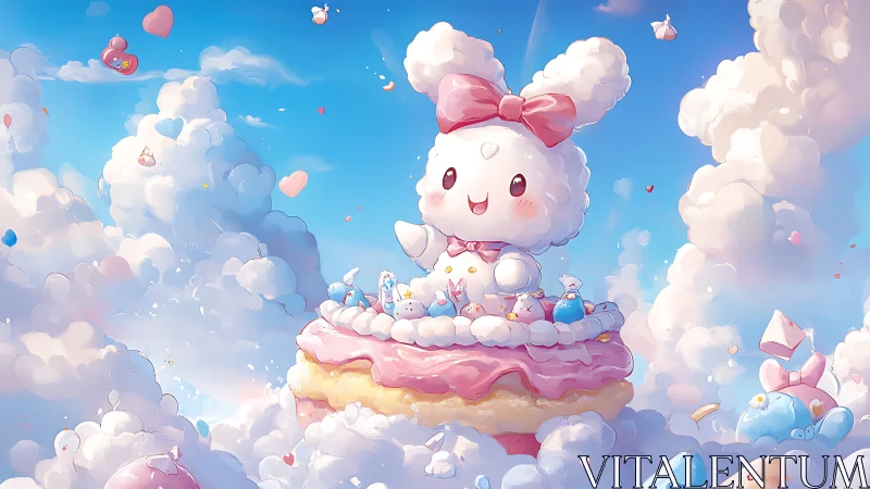 Pastel cloud-bunny mascot sits atop whimsical sky cake