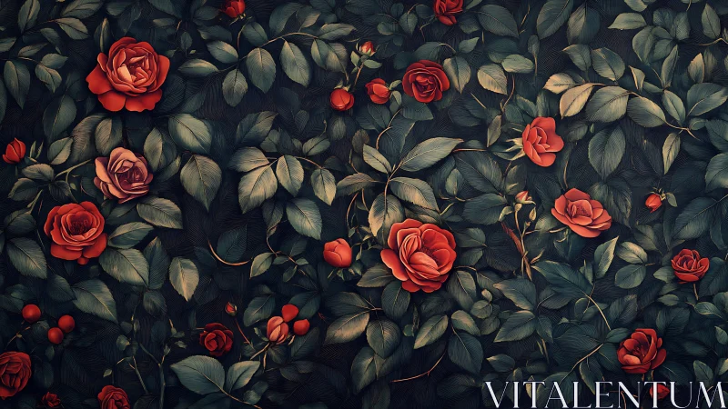 Vivid Red Roses Against Dark Foliage.