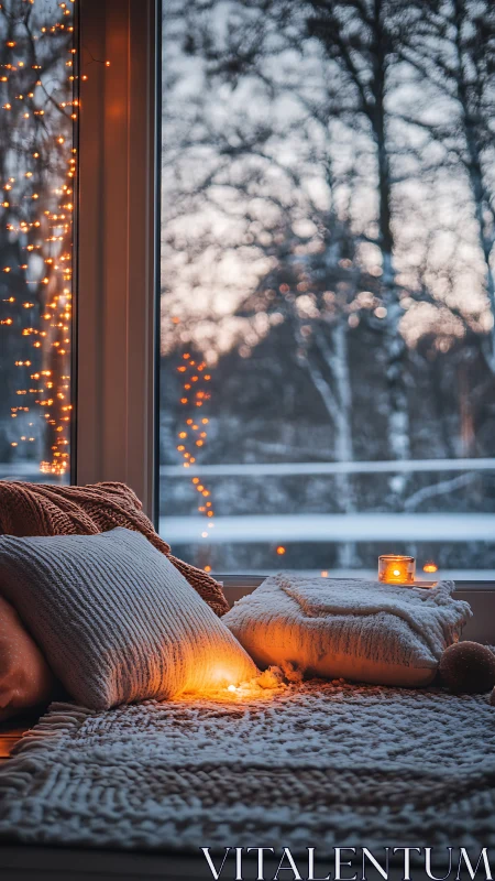 Soft winter window nook glows gently with candlelit warmth