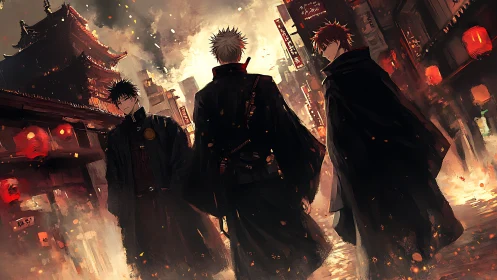 Three cloaked warriors stride through a burning neon city night