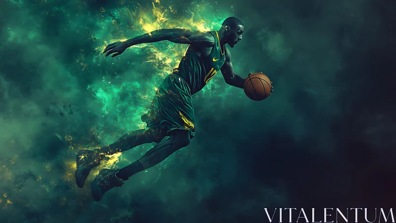 Kinetic vapor-trail basketball sprint in charged teal atmosphere.