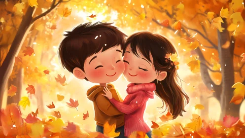 Young Couple Embracing in Autumn Forest with Falling Leaves