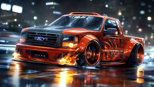 Lowered Ford drift truck burns wet neon city street.
