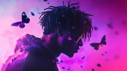 Neon portrait silhouette with luminous purple butterflies