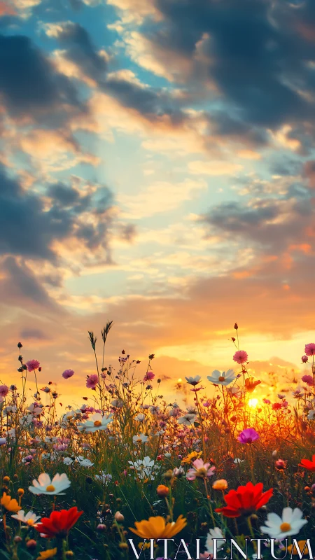 Wildflower meadow bathed in golden sunset with dramatic sky.