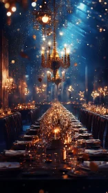 Golden chandeliers over a dreamlike midnight banquet hall.