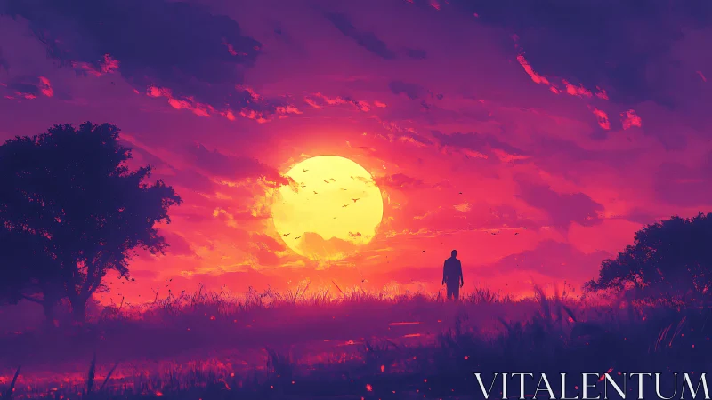 Solitary wanderer beneath radiant neon sunset sky.