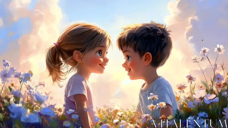 Two Children Share a Joyful Moment in a Dreamy Wildflower Meadow