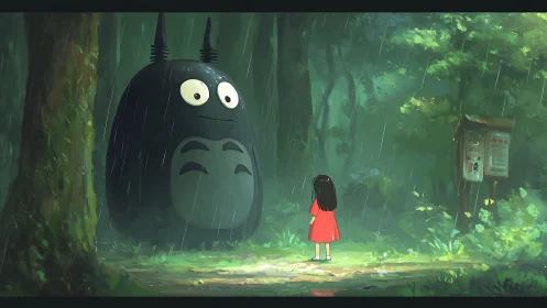 Rain-drenched forest pauses as girl meets gentle giant guardian