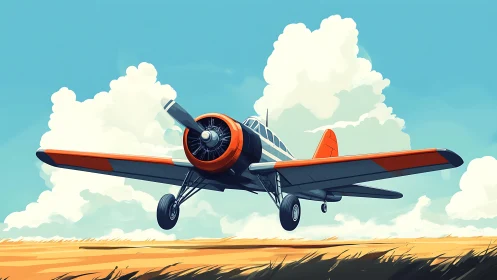Vintage propeller aircraft ascends over stylized wheat field