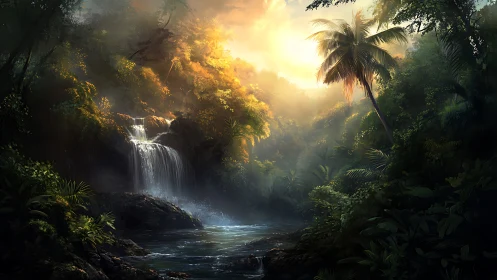 Sunlit rainforest waterfall glows through misty emerald canopy