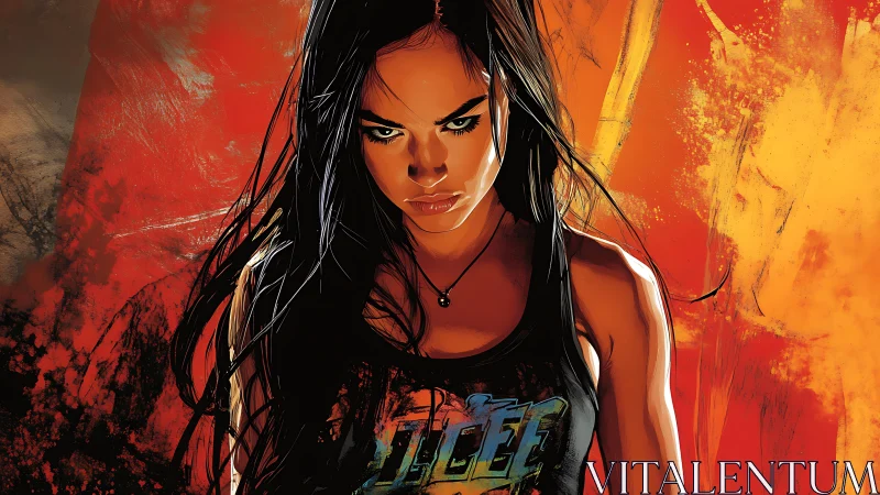 Fierce city girl framed by blazing sunset color storm.