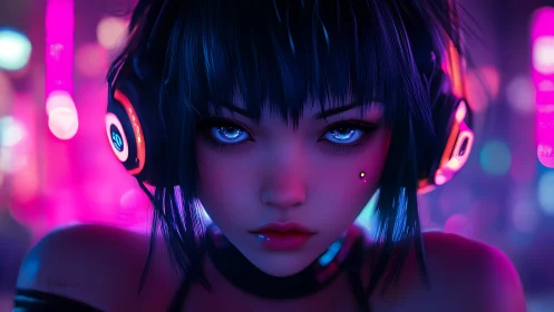 Cyberpunk girl with headphones in neon city environment.