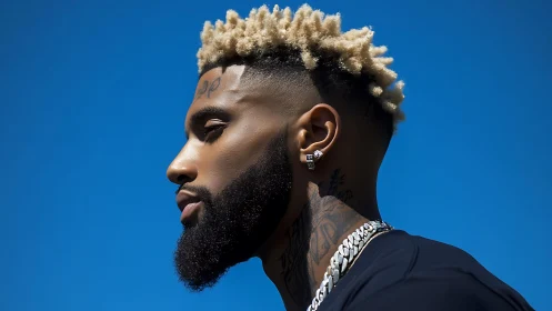 Stylish side-profile portrait under clear blue sky.