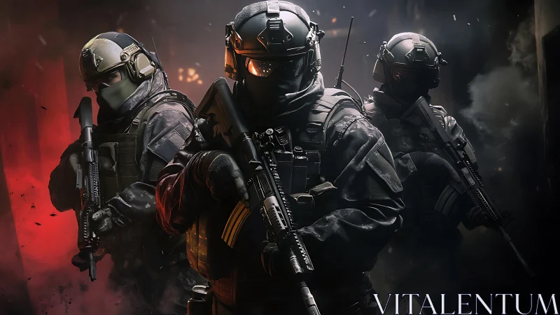 Tactical operators in armored gear with rifles in formation.