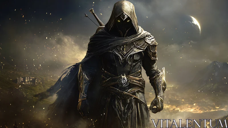 Mysterious hooded warrior strides through a burning fantasy realm.