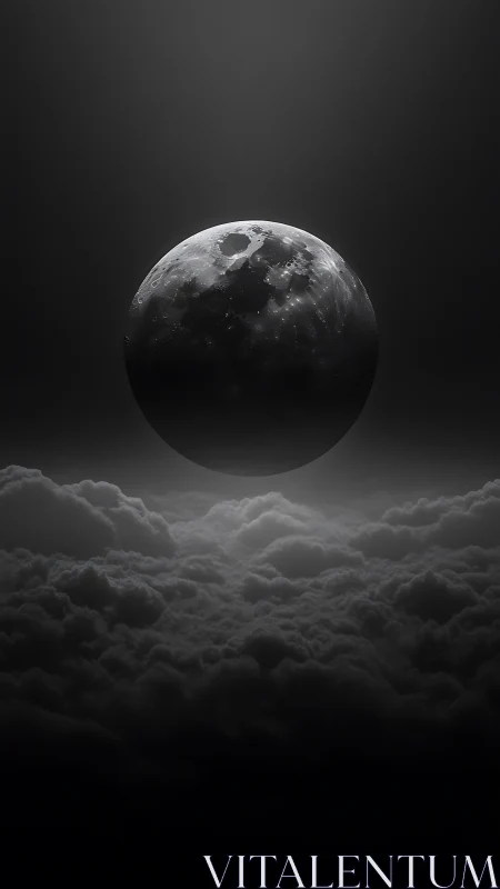 Lunar sphere suspended above stratified nocturnal cloud deck.