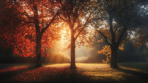 Backlit autumn trees form radiant canopy in misty park