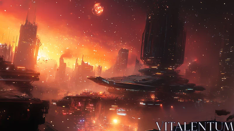High-density sci fi megacity under atmospheric inferno and orbital debris