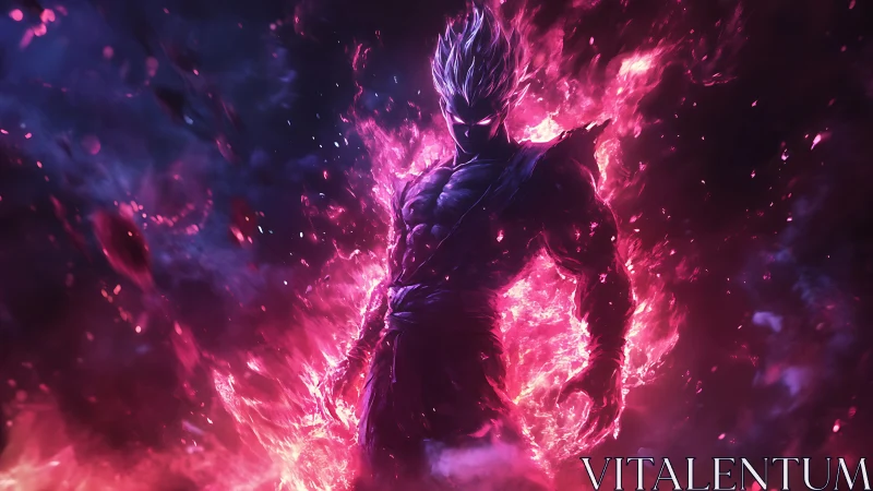 Demonic warrior silhouette ignites in neon magenta inferno