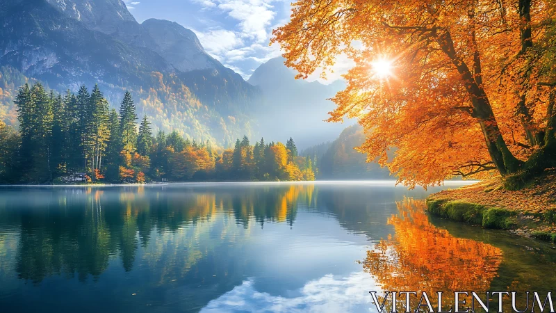 Radiant autumn maple overlooking tranquil mountain lake.