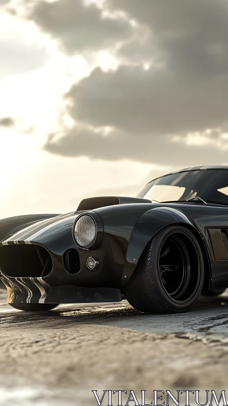 Low-slung black muscle car under dramatic sunset clouds.