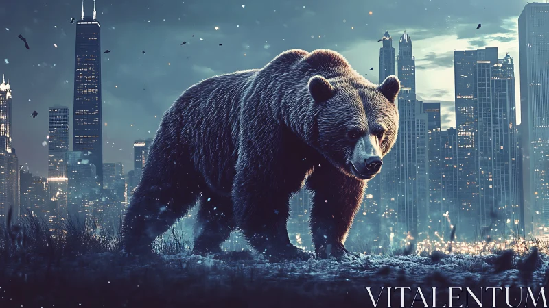 Colossal grizzly advances through frost-lit futuristic skyline