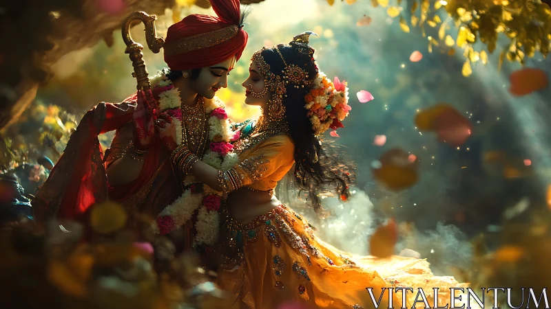 Royal couple in ornate traditional regalia with floral garlands.