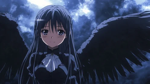 Midnight-winged anime angel girl beneath stormlit skies.