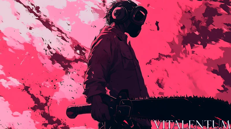 Chainsaw-wielding figure stands in intense neon crimson sky.