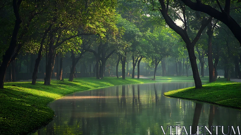 Serene tree-lined river meanders through a misty green park