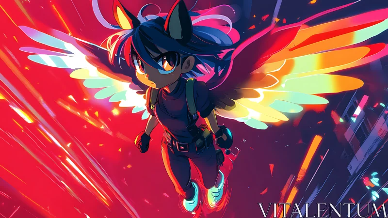 Radiant winged heroine soars boldly through a neon night sky