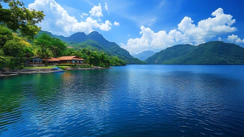 Lakeside villas rest beneath emerald mountains and vivid skies
